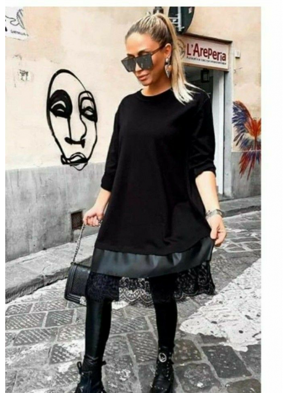 Kadın Uzun Kollu Bisiklet Yaka Etek Ucu Deri Ve Tül Detay Iki Iplik Mini Boy Elbise