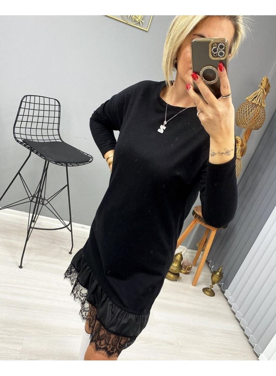 Kadın Uzun Kollu Bisiklet Yaka Etek Ucu Deri Ve Tül Detay Iki Iplik Mini Boy Elbise