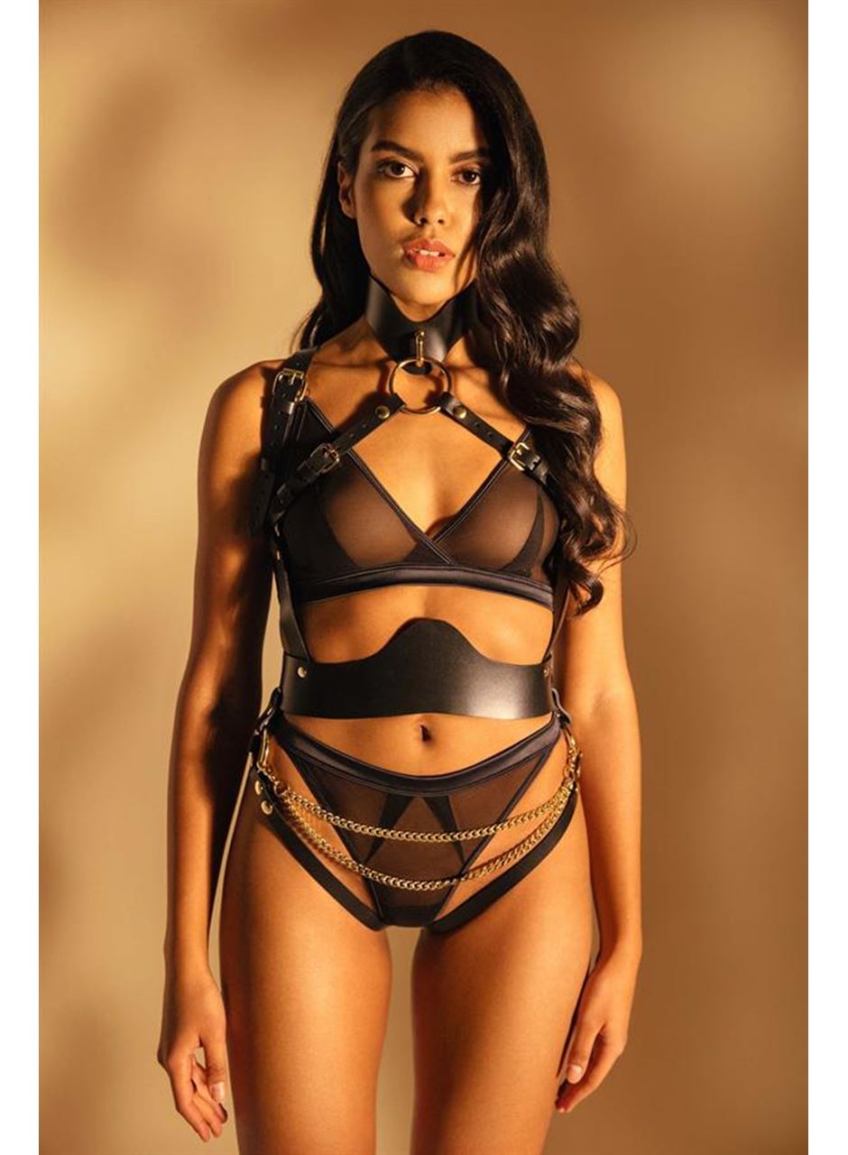 Siyah Zincir Aksesuarlı Fantezi Deri Vücut Harness