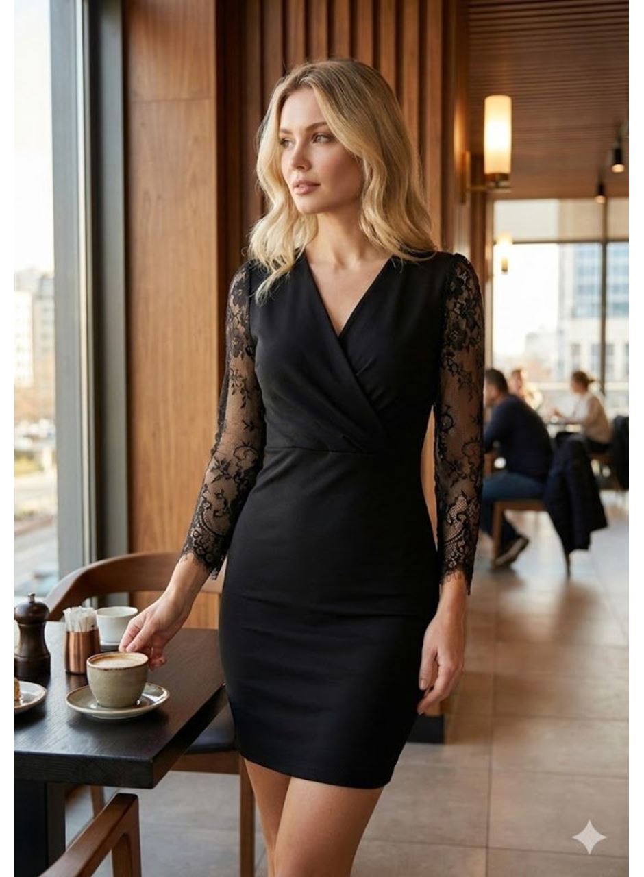 Kadın Uzun Kollu Kruvaze Yaka Kollar Tül Detay Krep Mini Boy Elbise