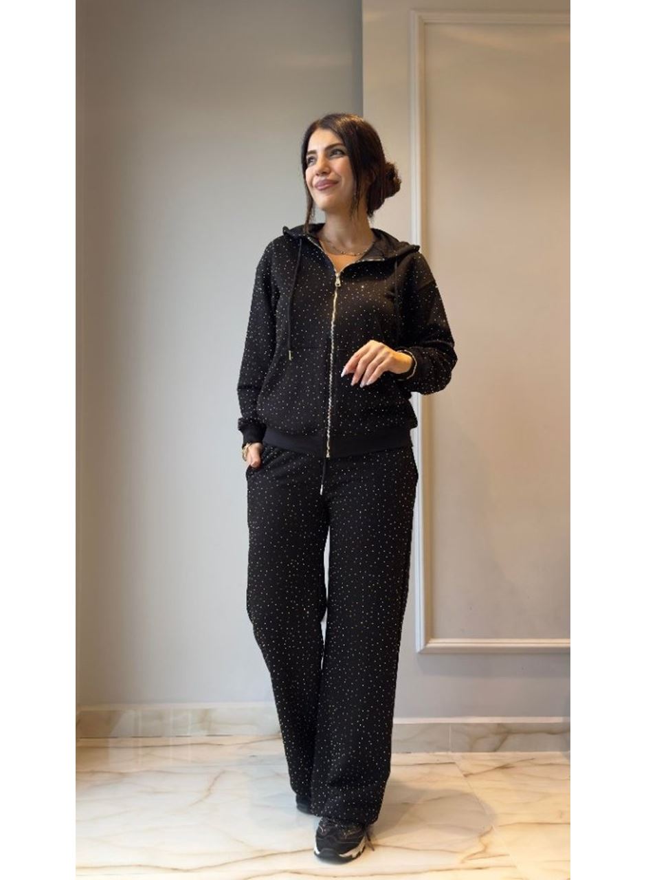 Kadın Uzun Kollu Kapşonlu Fermuarlı Taşlı önü Fermuarlı Viskon Iki Iplik Bluz Ve Eşofman Altı Ikili Takım