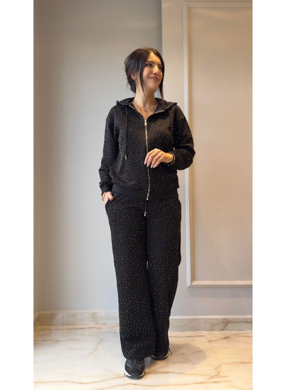 Kadın Uzun Kollu Kapşonlu Fermuarlı Taşlı önü Fermuarlı Viskon Iki Iplik Bluz Ve Eşofman Altı Ikili Takım