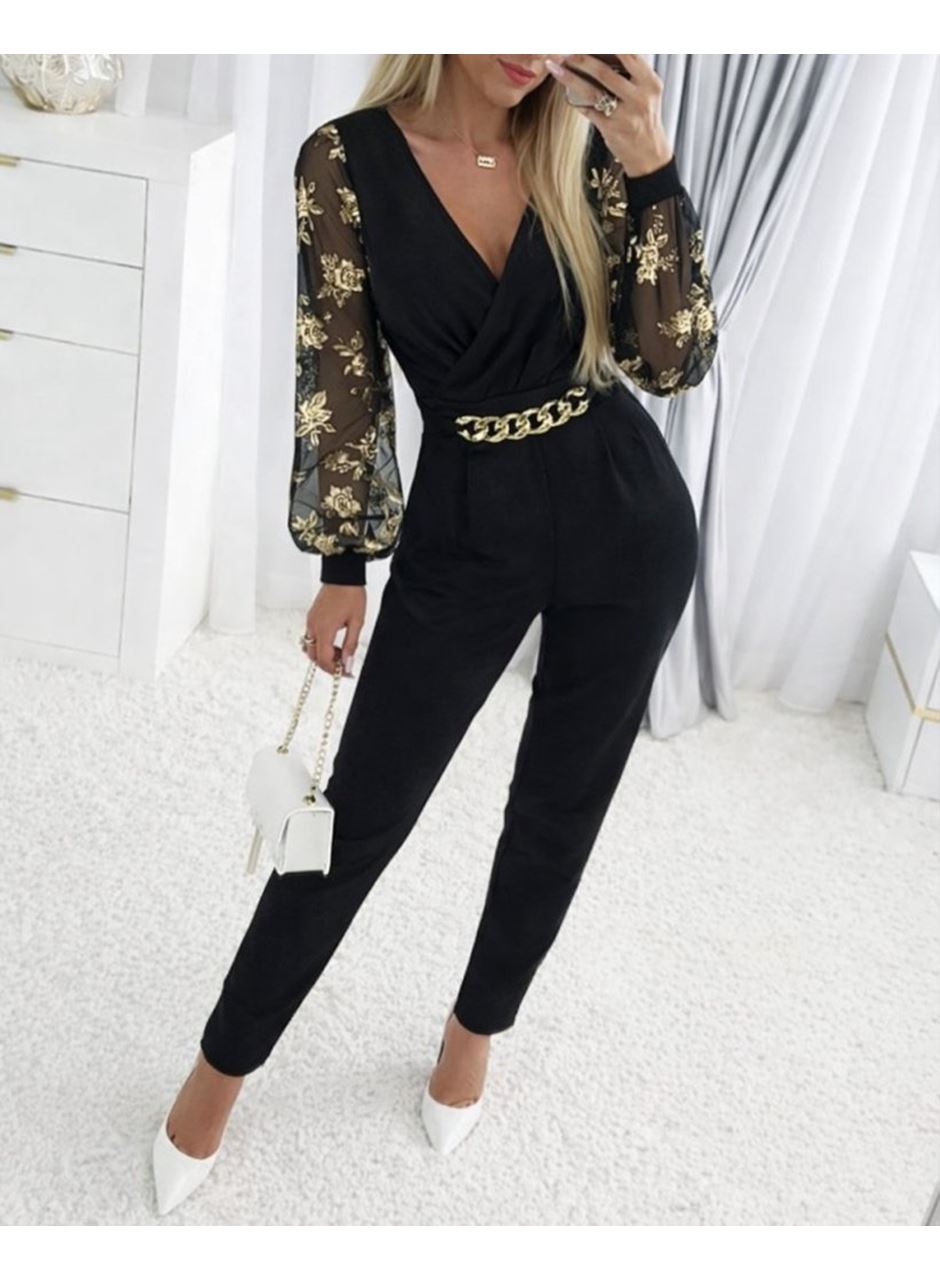 Kadın Uzun Kollu Kruvaze Yakalı Kolları çiçek Desenli Janjan Krep Tulum