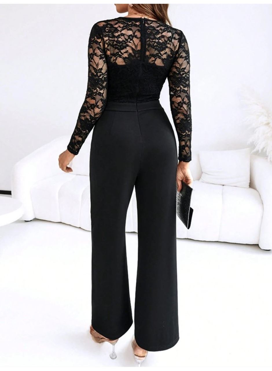 Kadın Uzun Kollu Kruvaze Yakalı Dantelli önünde Toka Detaylı Uzun Ithal Krep Tulum