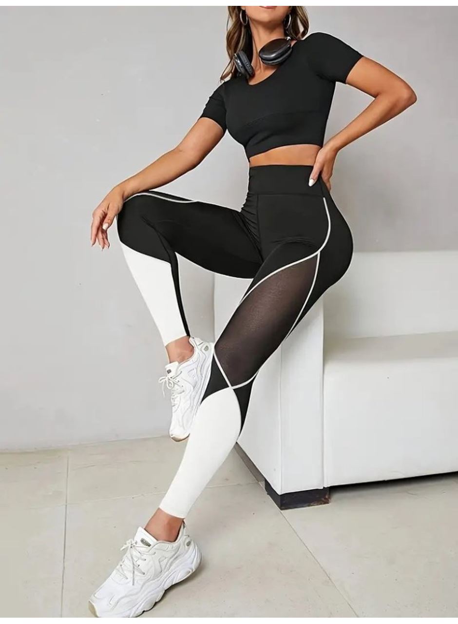 Kadın Yüksek Bel Yanlardan Tül Detaylı çift Renkli Spor Dalgıç Tayt
