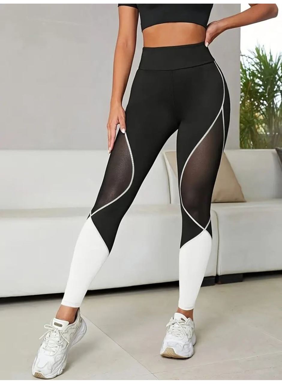 Kadın Yüksek Bel Yanlardan Tül Detaylı çift Renkli Spor Dalgıç Tayt