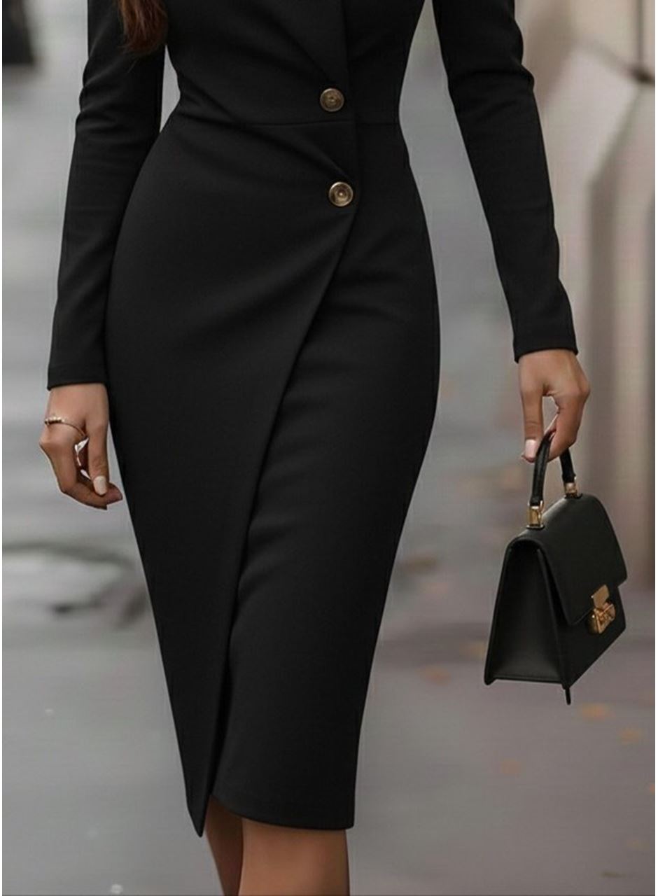 Kadın Uzun Kollu Yandan Düğmeli Kruvaze Yaka Detaylı Midi Ithal Krep Elbise