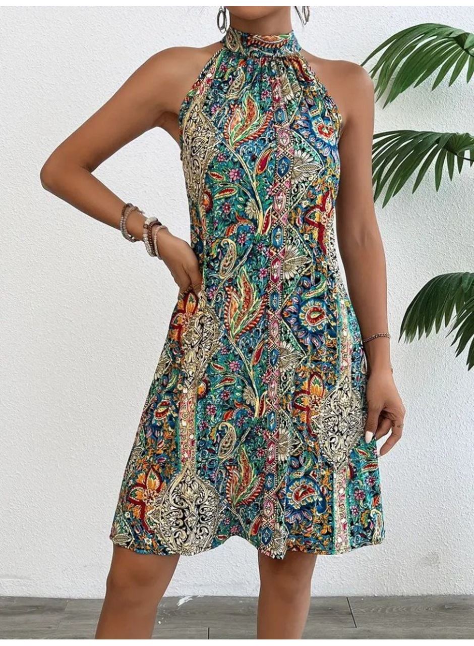 Kadın Sıfır Kol Boyundan Askılı Desenli Midi Süprem Elbise