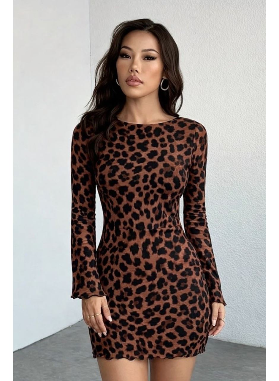 Kadın Uzun Kollu Bisiklet Yaka Leopar Desenli Dalgıç Mini Elbise