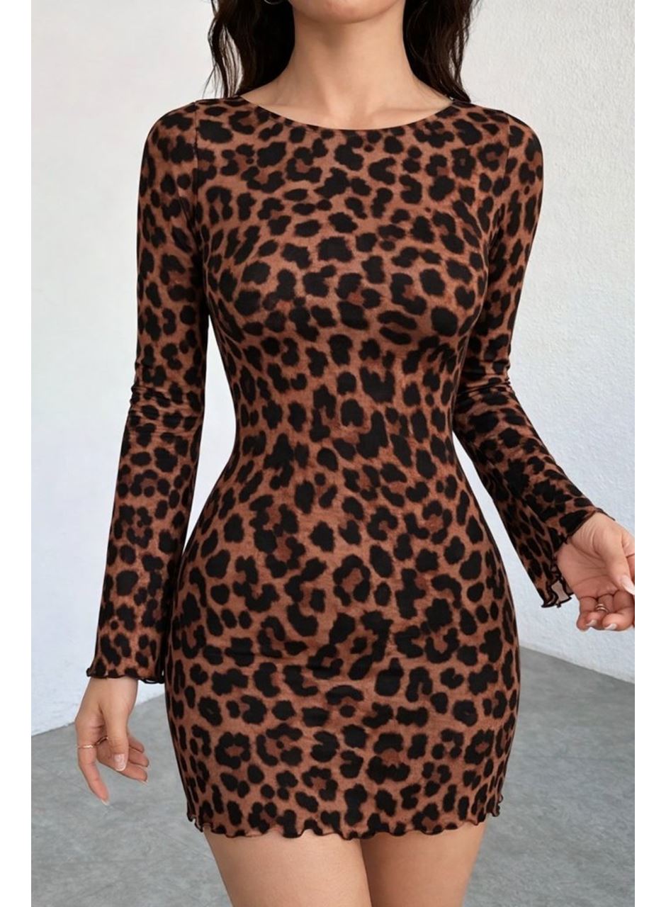 Kadın Uzun Kollu Bisiklet Yaka Leopar Desenli Dalgıç Mini Elbise