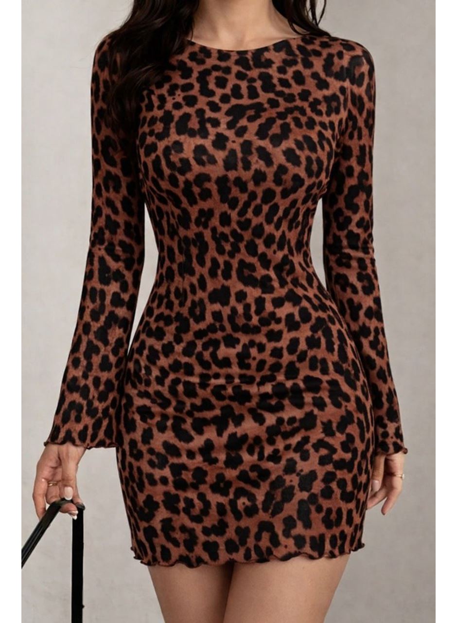 Kadın Uzun Kollu Bisiklet Yaka Leopar Desenli Dalgıç Mini Elbise