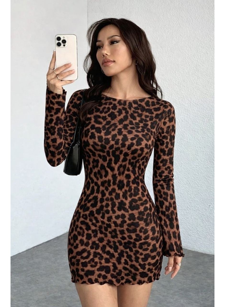 Kadın Uzun Kollu Bisiklet Yaka Leopar Desenli Dalgıç Mini Elbise