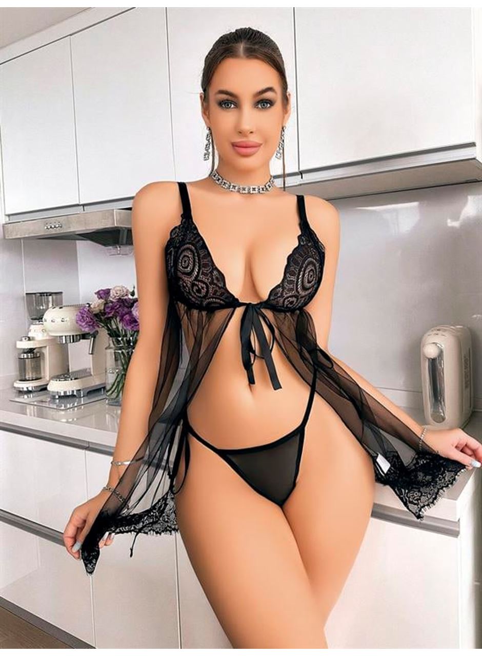 Siyah Dantel İşlemeli Önden Bağlamalı Fantezi Şık Tül Gecelik