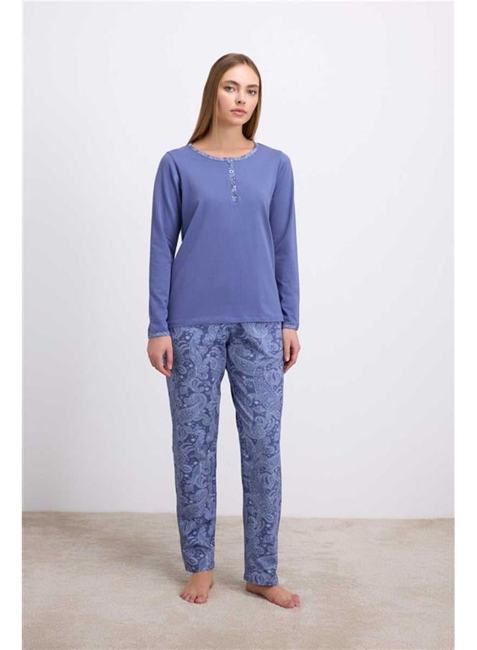 %95 Pamuklu Uzun Kollu T-Shirt ve Desenli Pantolon Pijama Takımı