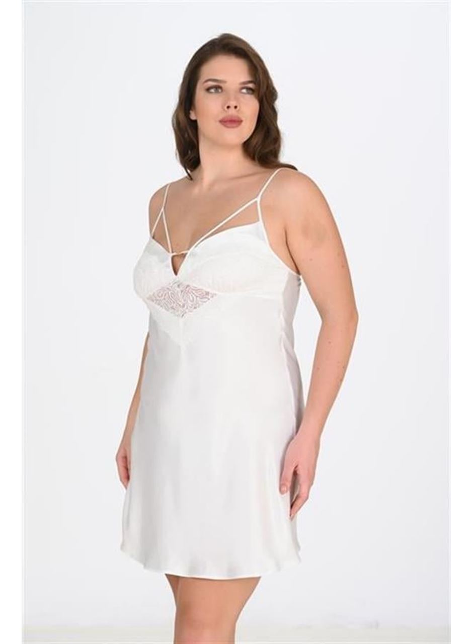 Premium Büyük Beden Saten Dantel İşlemeli Ekru Gecelik Bigsize