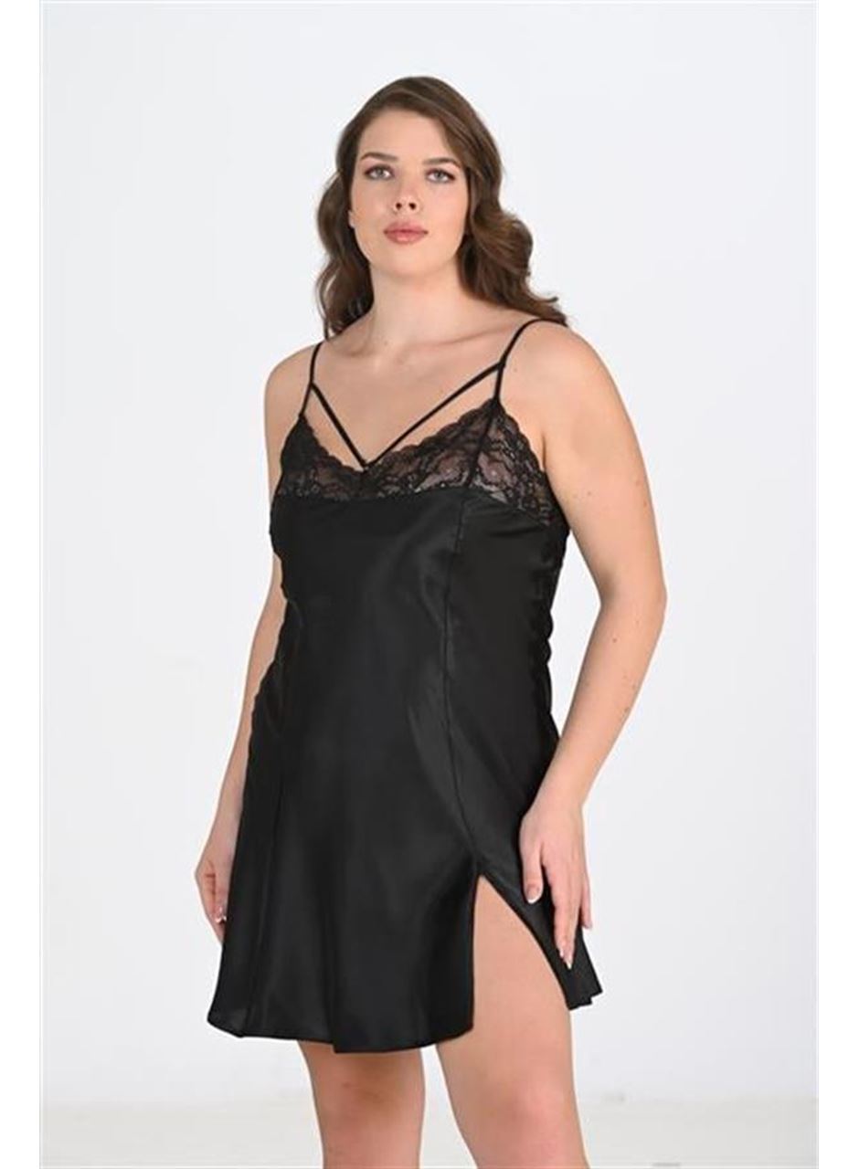 Premium Büyük Beden Saten Dantel İşlemeli Siyah Gecelik Bigsize