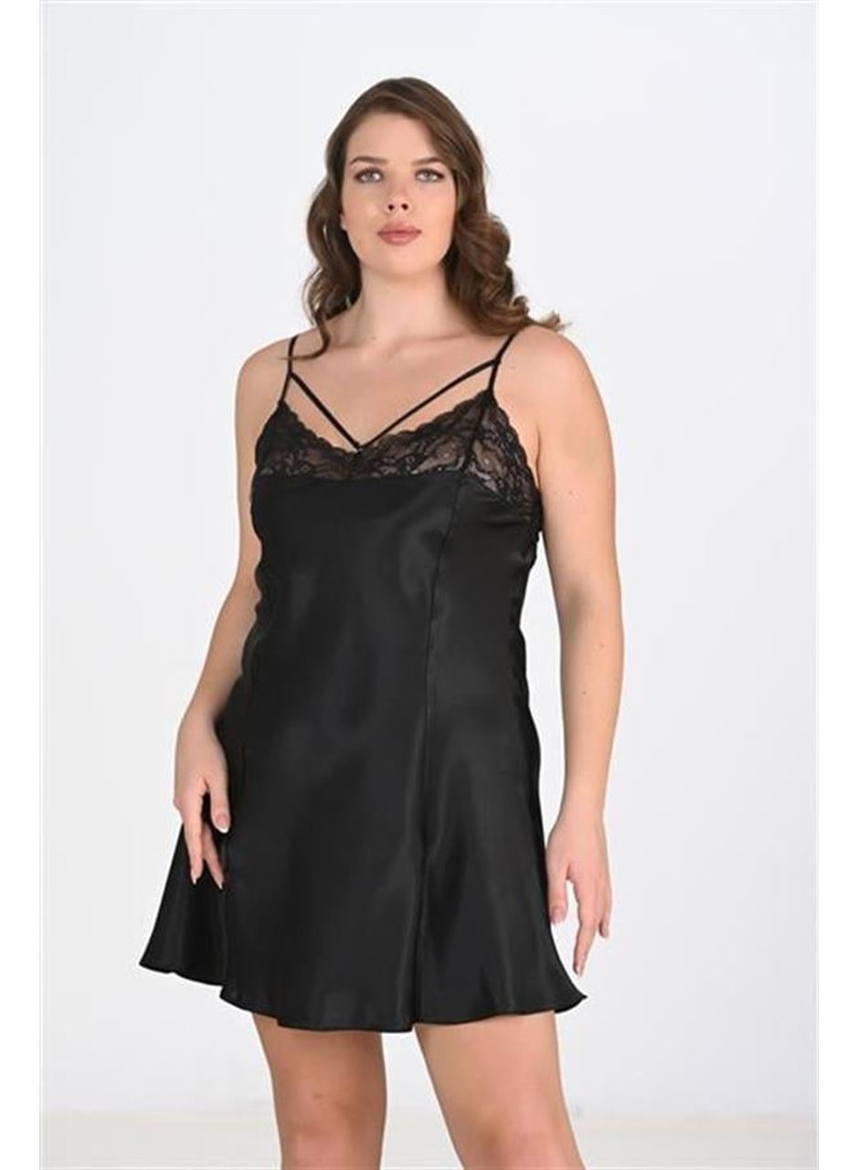 Premium Büyük Beden Saten Dantel İşlemeli Siyah Gecelik Bigsize