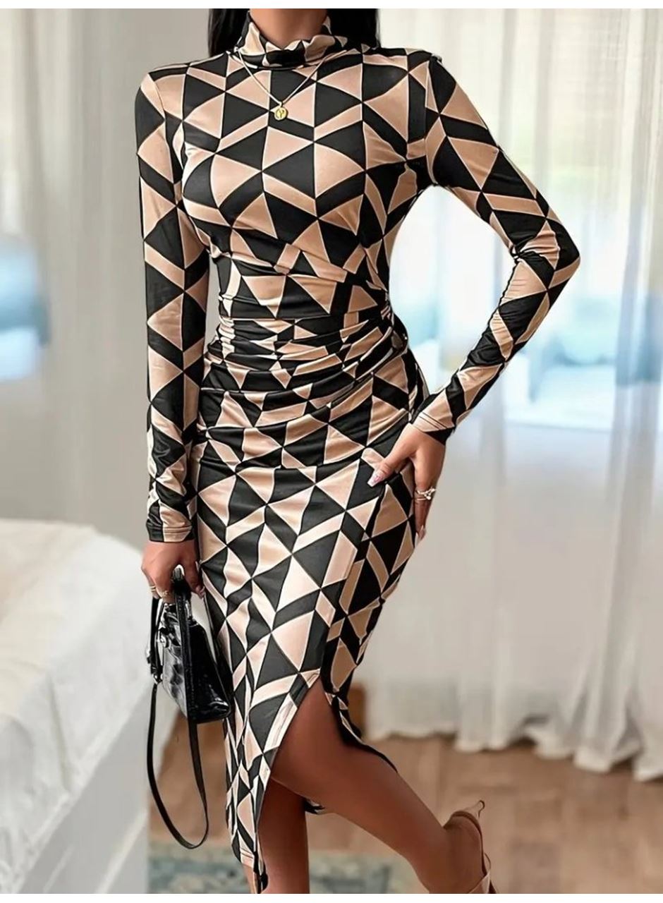 Kadın Uzun Kollu Balıkçı Yaka Yandan Büzgülü Yırtmaçlı Modal Midi Elbise