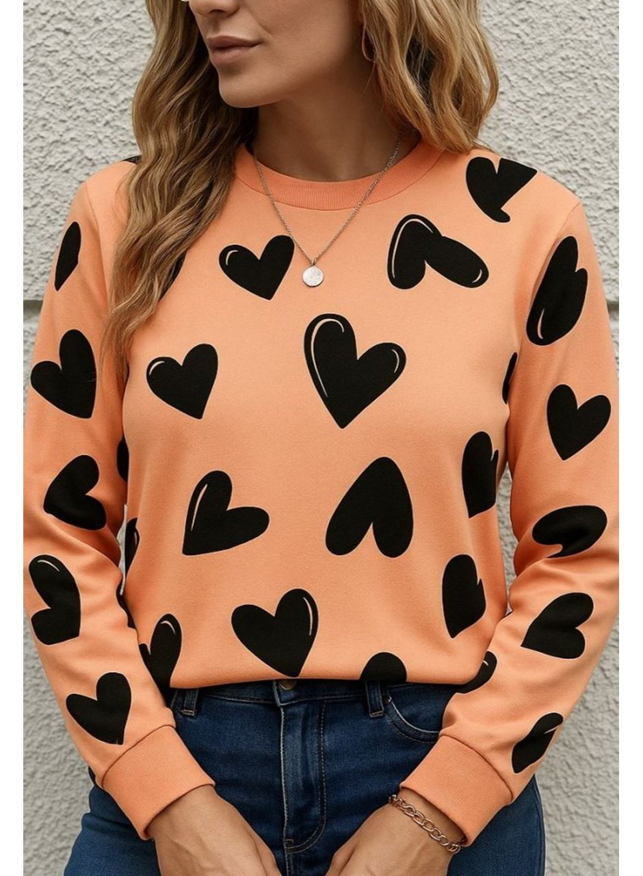 Kadın Uzun Kollu Bisiklet Yaka Kalp Desenli Iki Iplik Bluz
