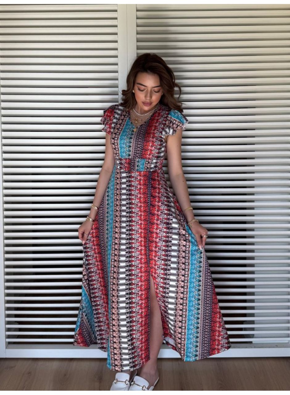 Kadın Kısa Kollu V Yakalı Desenli Yandan Yırtmaçlı Süprem Elbise
