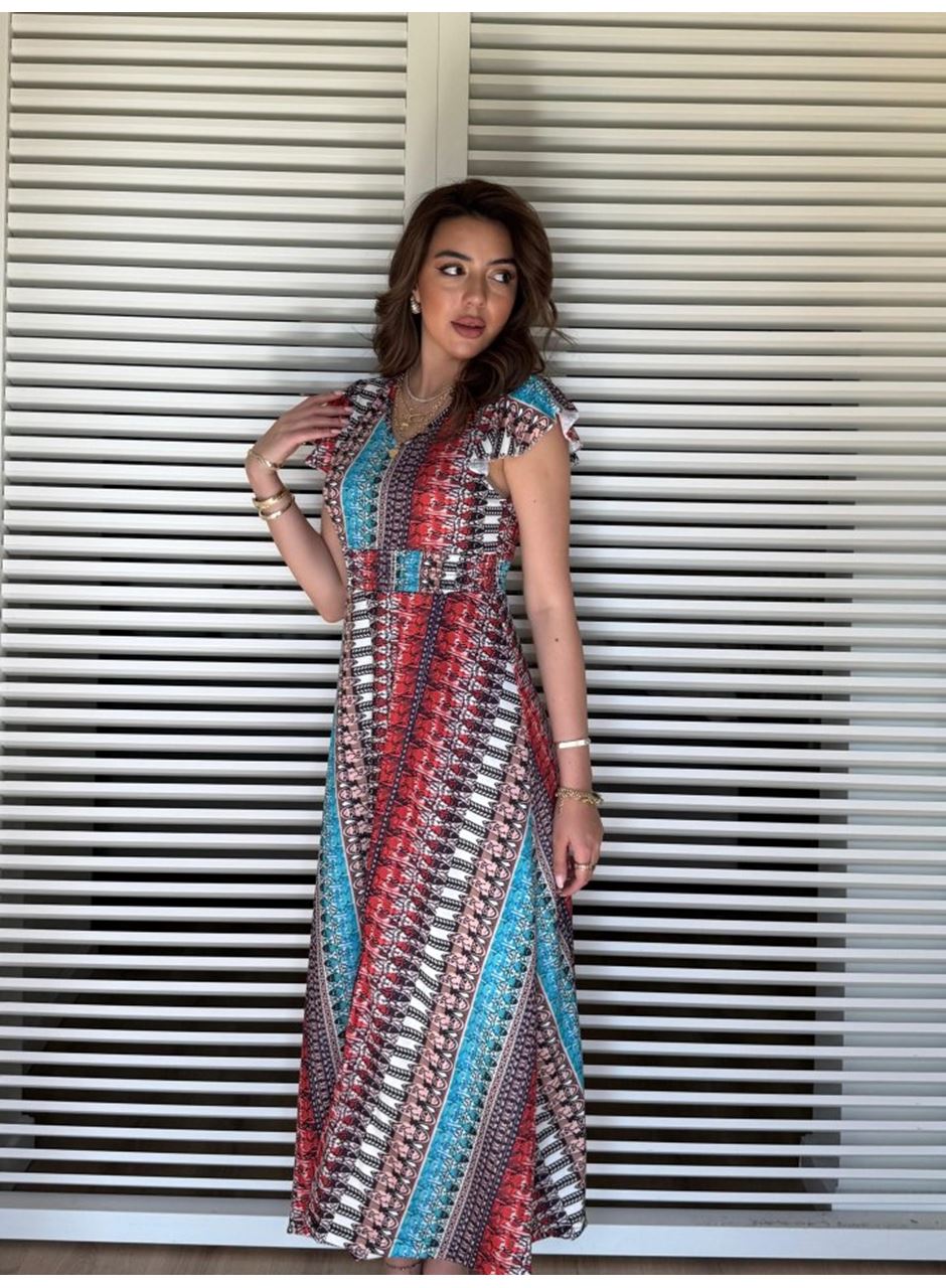 Kadın Kısa Kollu V Yakalı Desenli Yandan Yırtmaçlı Süprem Elbise