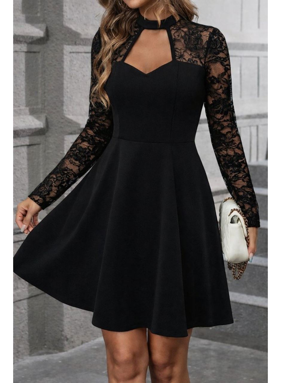 Kadın Uzun Kollu Balıkçı Yaka Dantelli Ithal Krep Kısa Kiloş Elbise