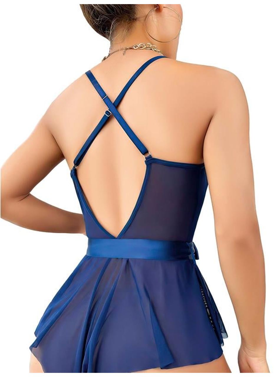 Mavi Dantel İşlemeli Kurdelalı Fantezi Tül Babydoll