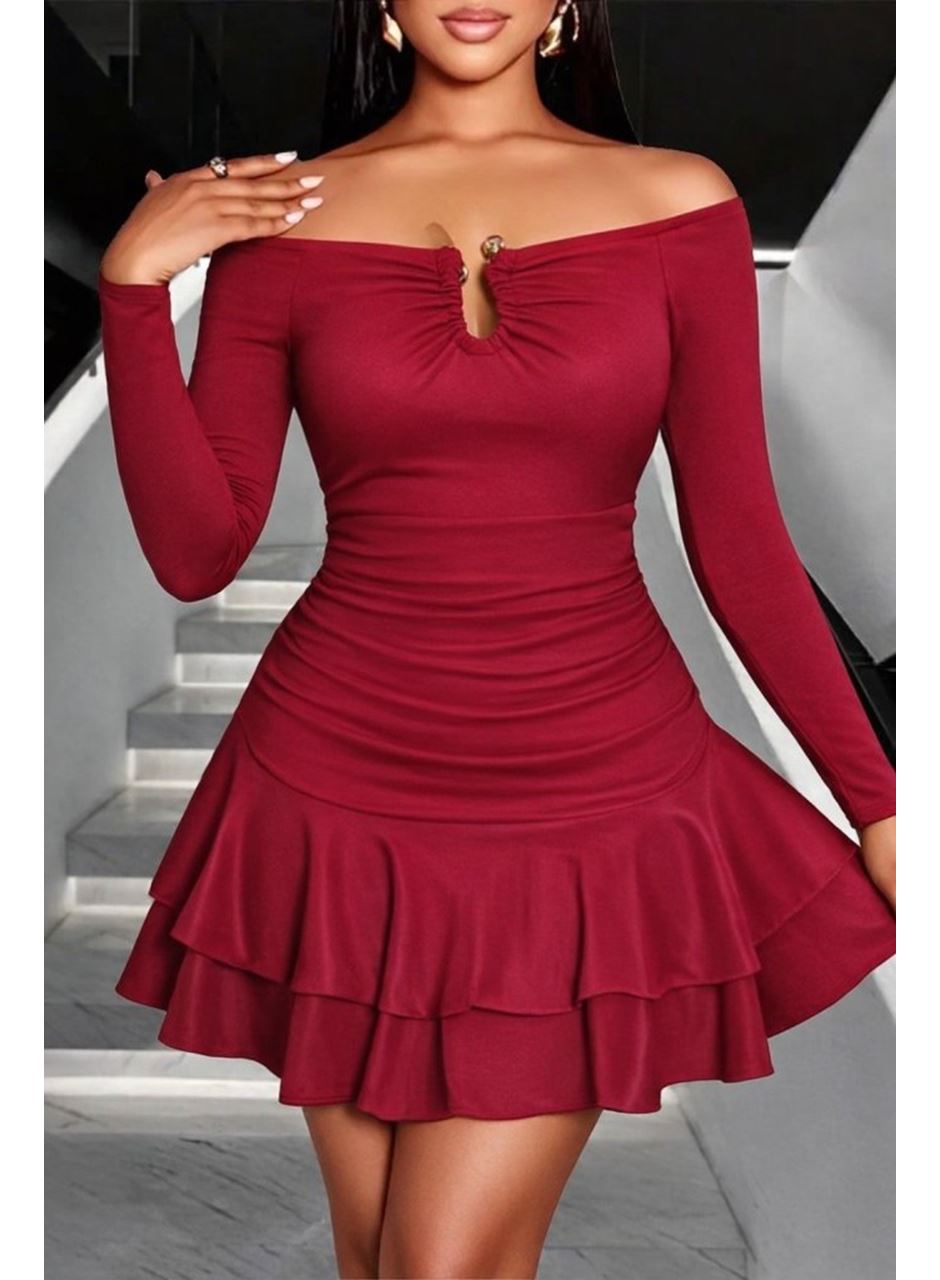 Kadın Omuzlardan Açık Belden Saran Büzgülü Etek Ucu Volanlı Dalgıç Mini Elbise