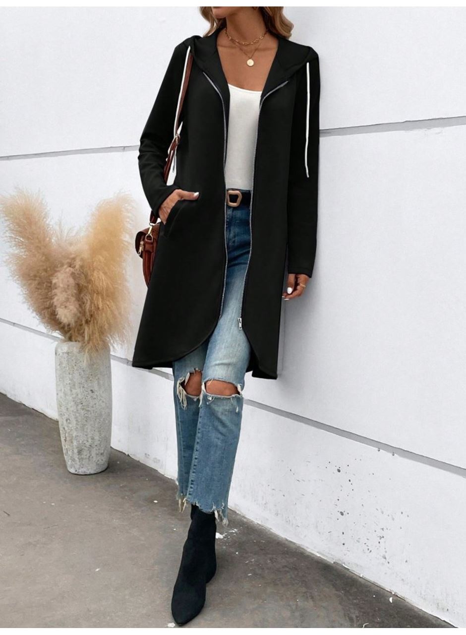 Kadın Uzun Kollu Kapşonlu önden Fermuarlı Midi Dalgıç Ceket