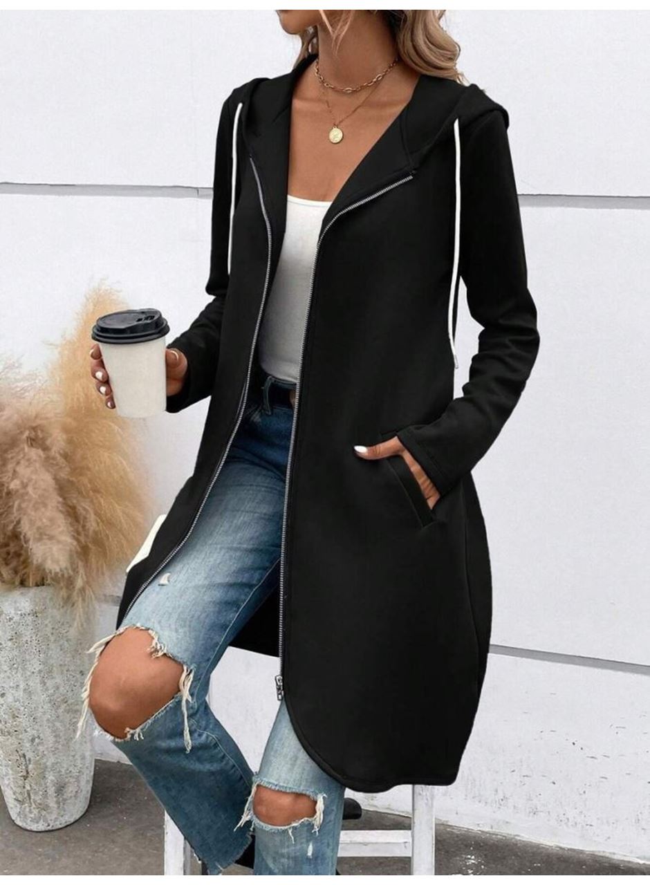 Kadın Uzun Kollu Kapşonlu önden Fermuarlı Midi Dalgıç Ceket