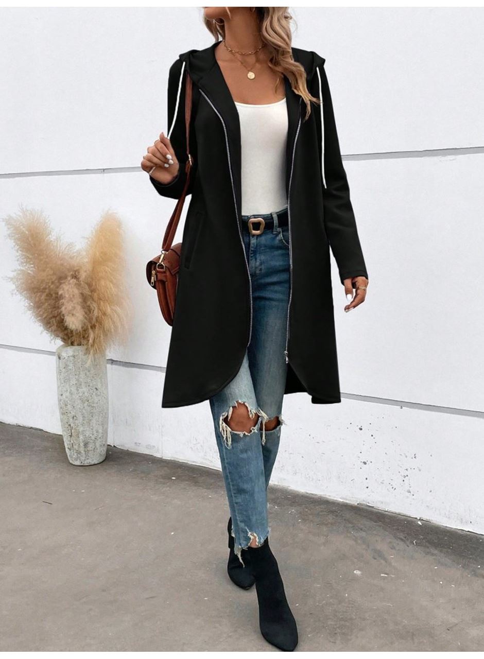 Kadın Uzun Kollu Kapşonlu önden Fermuarlı Midi Dalgıç Ceket