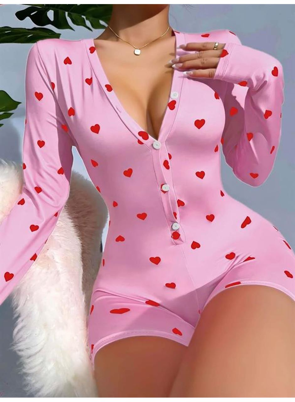 Pamuklu Pembe Kalp Desenli Düğmeli Tulum Pijama