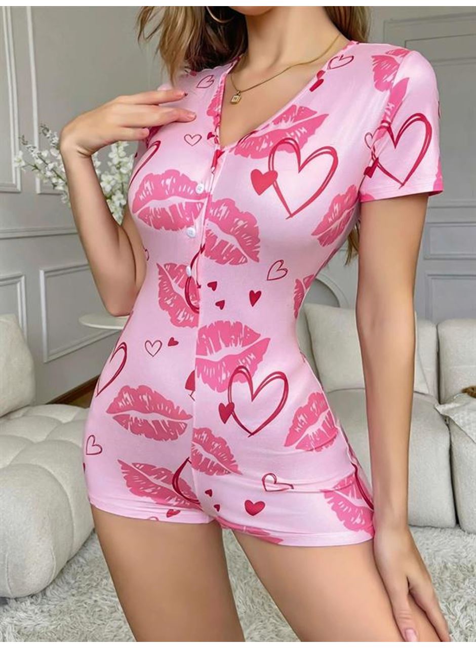 Pembe Kalp ve Öpücük Desenli Düğmeli Tulum Pijama