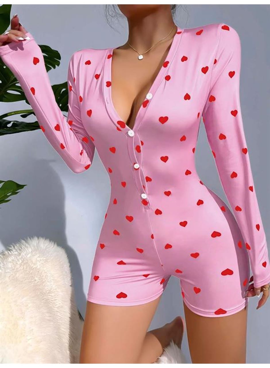 Pamuklu Pembe Kalp Desenli Düğmeli Tulum Pijama