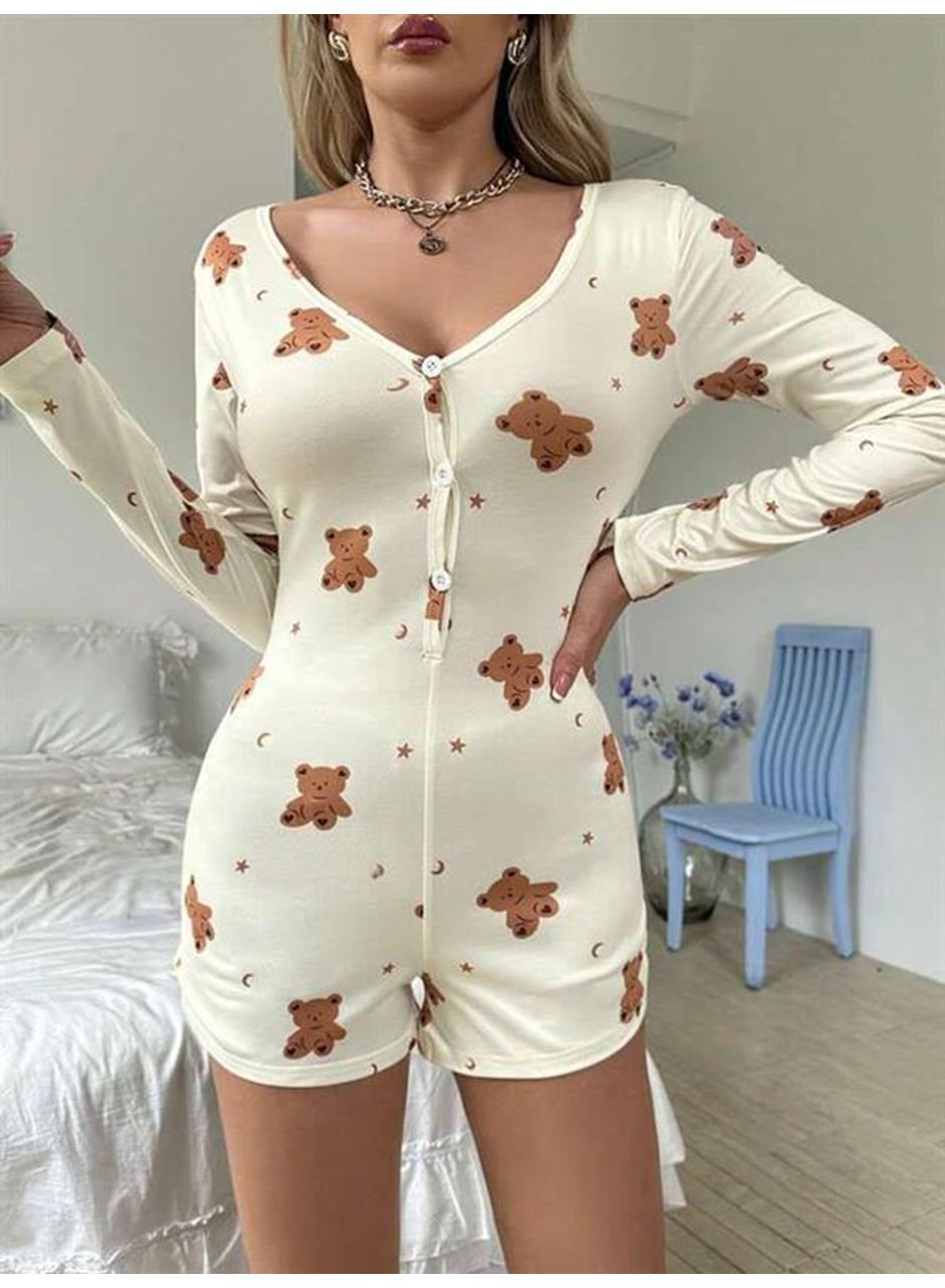 Pamuklu Ekru Ayıcık Desenli Düğmeli Tulum Pijama
