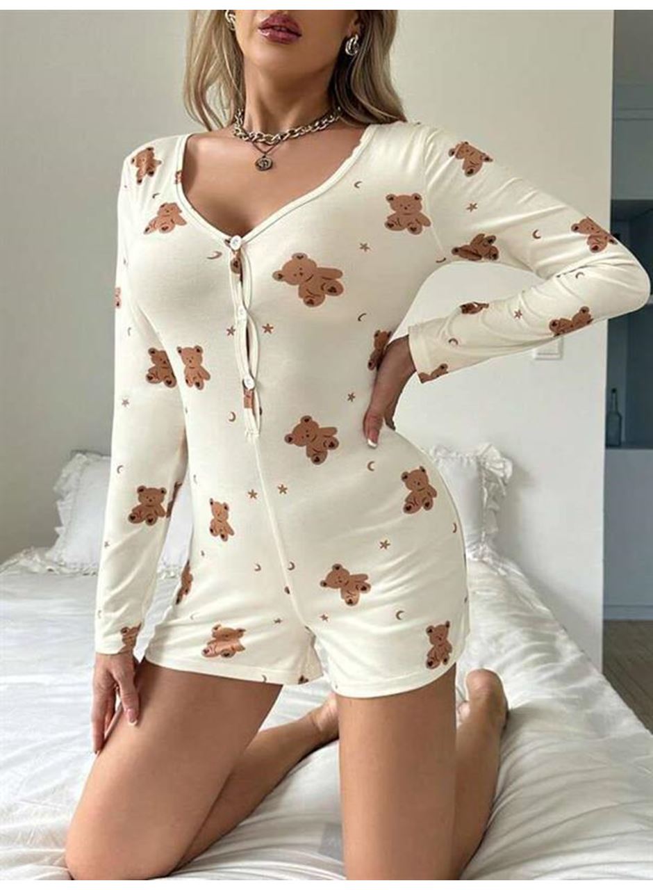 Pamuklu Ekru Ayıcık Desenli Düğmeli Tulum Pijama