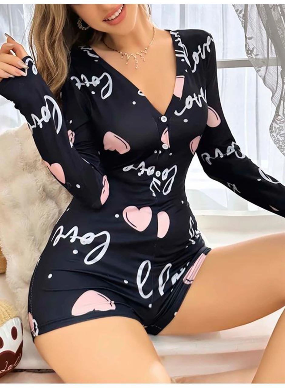 Siyah Kalp Desenli Love Yazılı Düğmeli Tulum Pijama