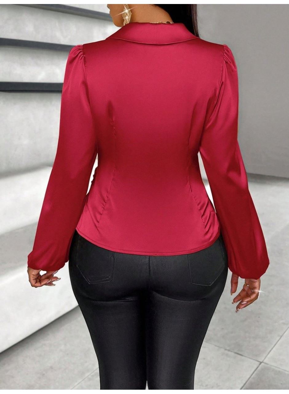 Kadın Uzun Kollu Kruvaze Yakalı Asimetrik Saten Bluz