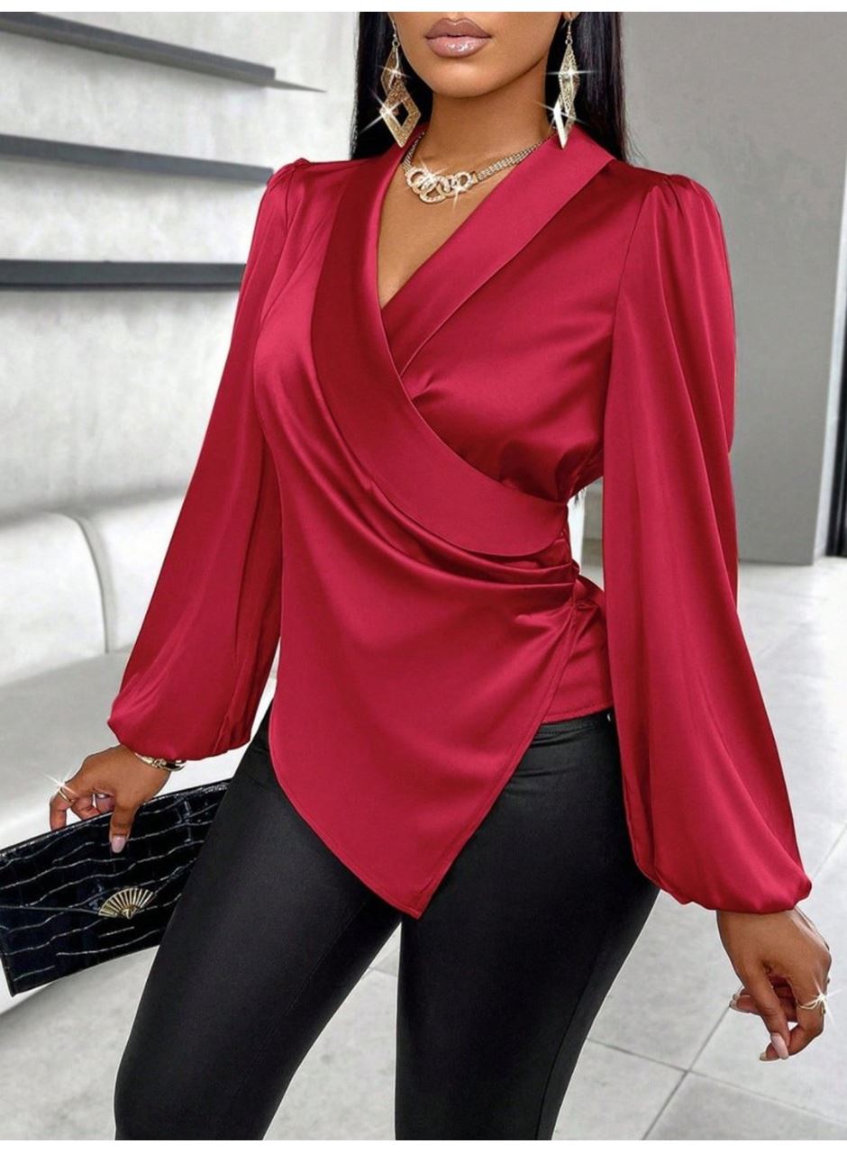 Kadın Uzun Kollu Kruvaze Yakalı Asimetrik Saten Bluz