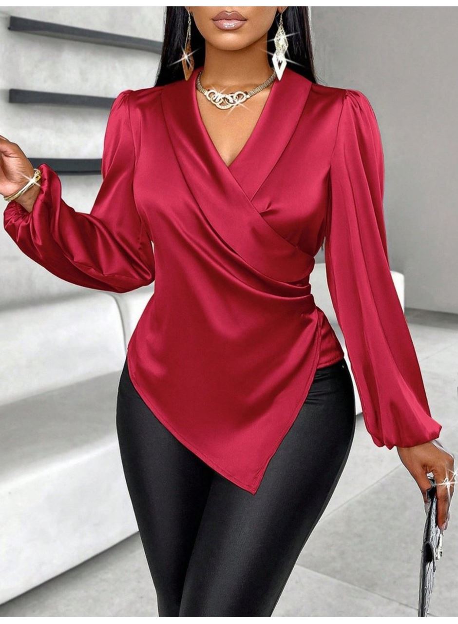 Kadın Uzun Kollu Kruvaze Yakalı Asimetrik Saten Bluz