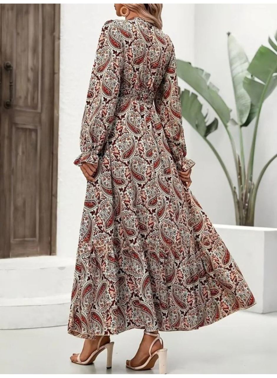 Kadın Uzun Kollu V Yakalı Beli Lastikli Desenli Süprem Elbise