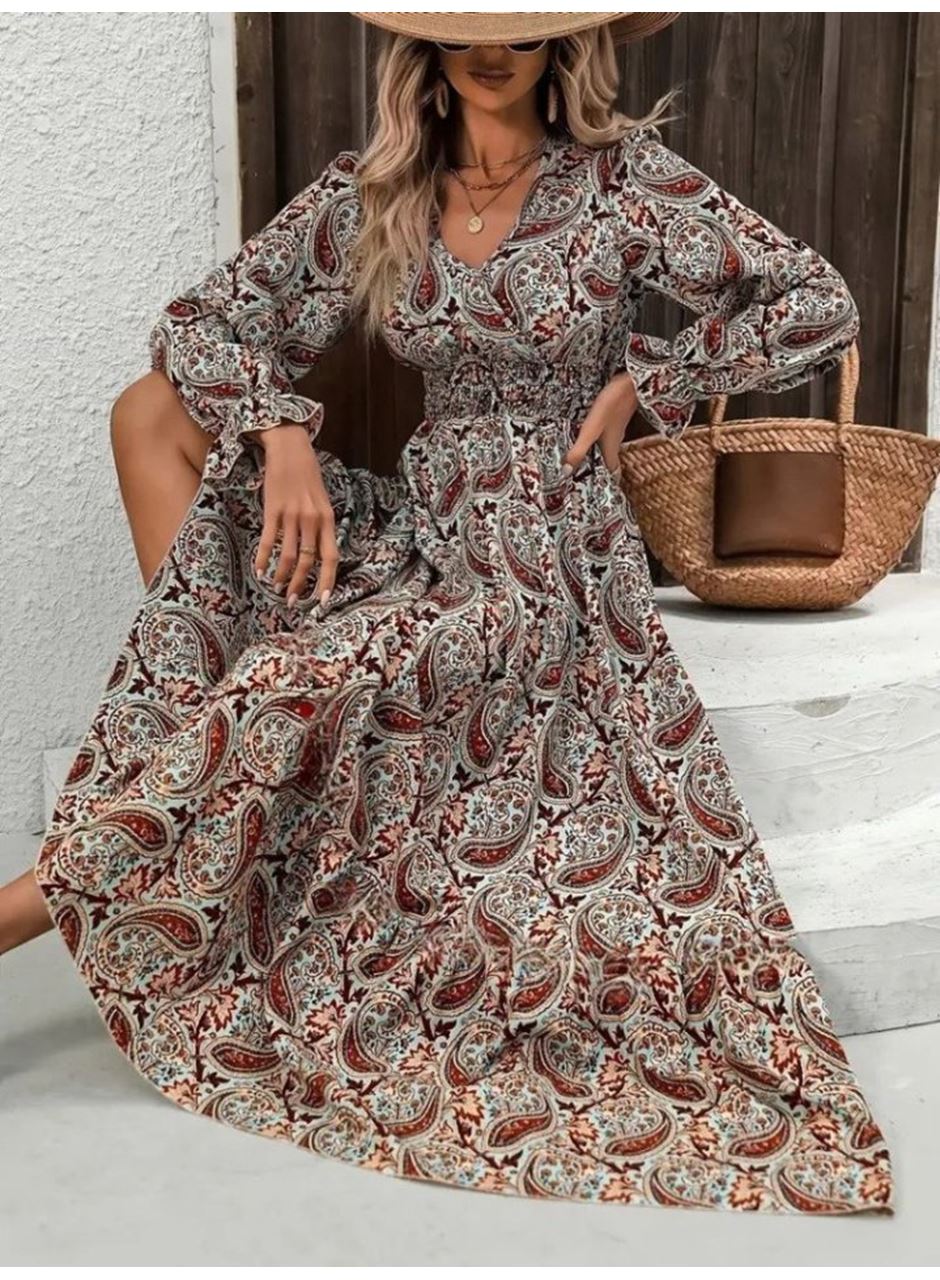 Kadın Uzun Kollu V Yakalı Beli Lastikli Desenli Süprem Elbise