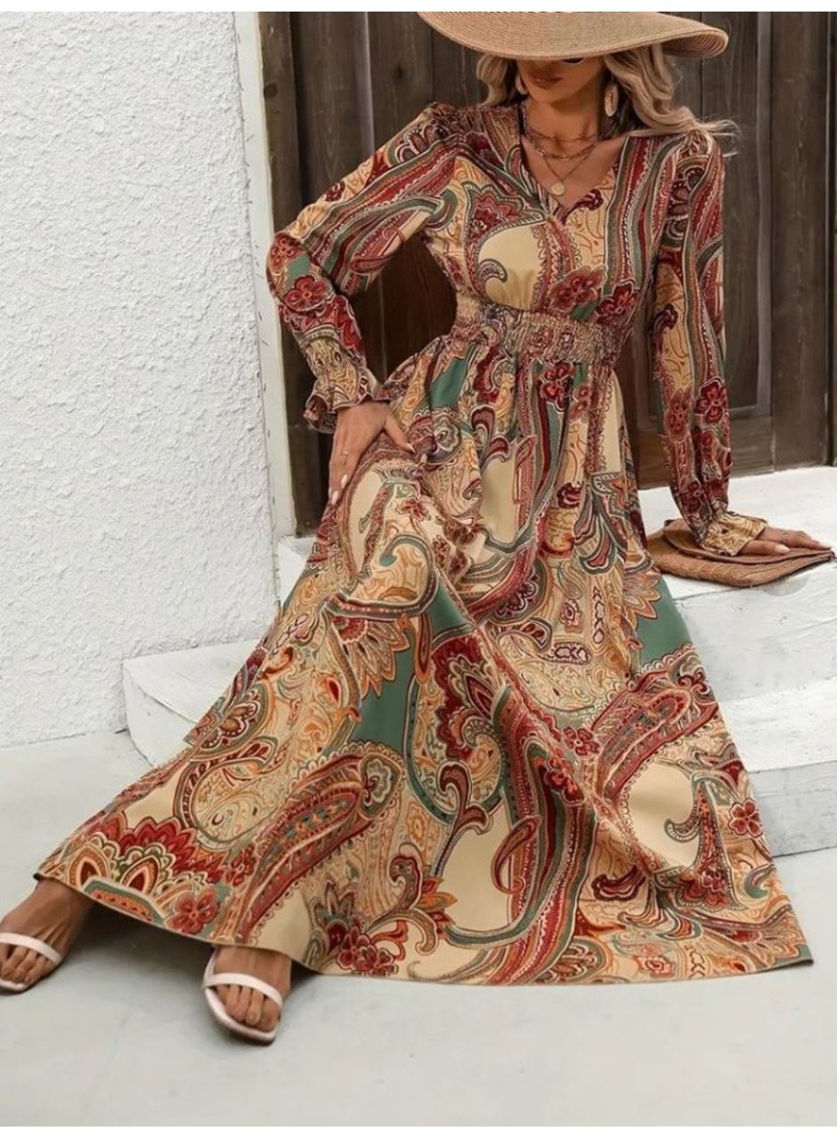 Kadın Uzun Kollu V Yakalı Beli Lastikli Desenli Süprem Elbise