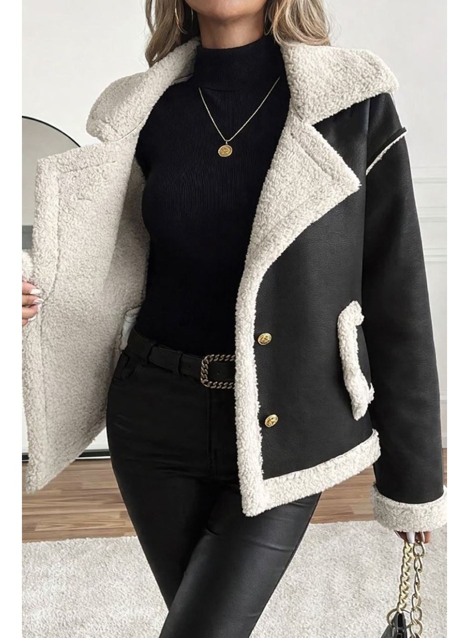 Kadın Uzun Kollu Yakalı önden Düğmeli Cep Detaylı Süet Ceket