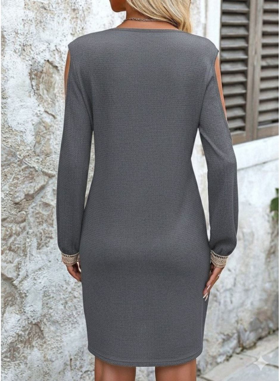 Kadın Uzun Kollu Omuzdan Açık V Dantel Yakalı Mini Waffle Elbise