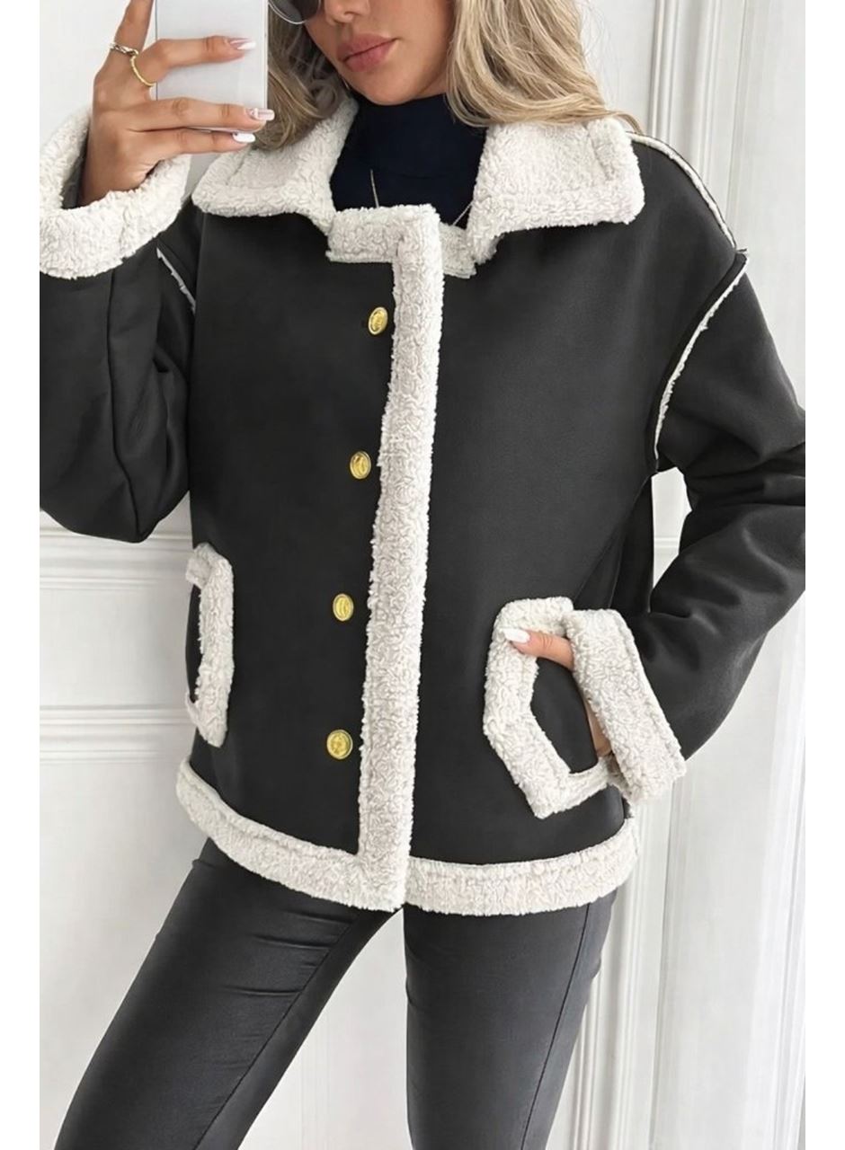Kadın Uzun Kollu Yakalı önden Düğmeli Cep Detaylı Süet Ceket