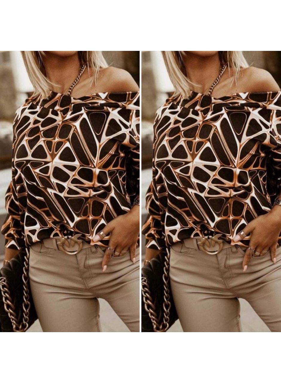 Kadın Uzun Kollu V Yaka Düşük Omuz Geometrik Desen şardonlu Dalgıç Bluz