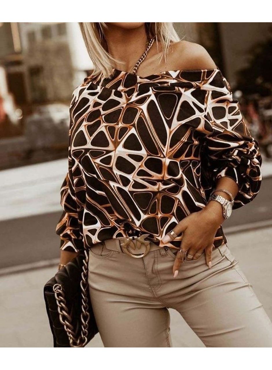 Kadın Uzun Kollu V Yaka Düşük Omuz Geometrik Desen şardonlu Dalgıç Bluz