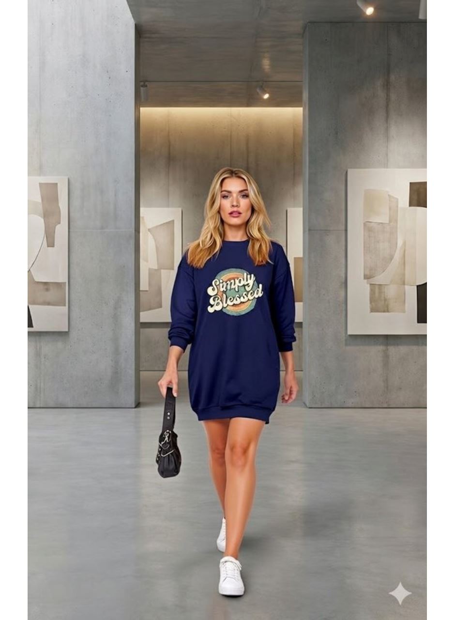 Kadın Uzun Kollu Bisiklet Yaka Yazılı Viskon Iki Iplik Elbise