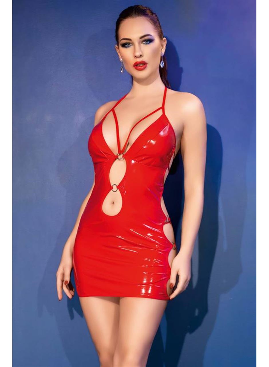 Kırmızı Göğüs Dekolteli Mini Fantezi Parlak Deri Gecelik